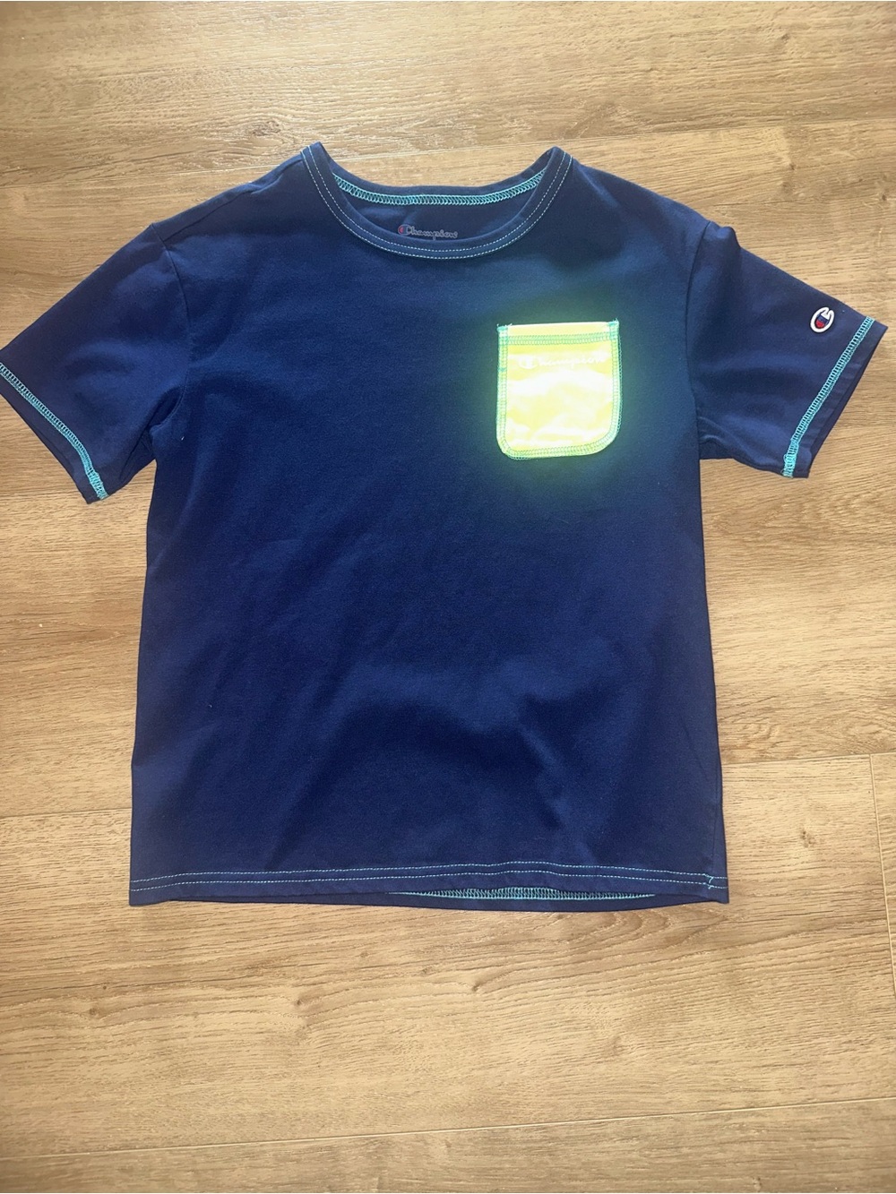 Champion Navy Short Sleeve Tee with Neon Yellow-Green Pocket